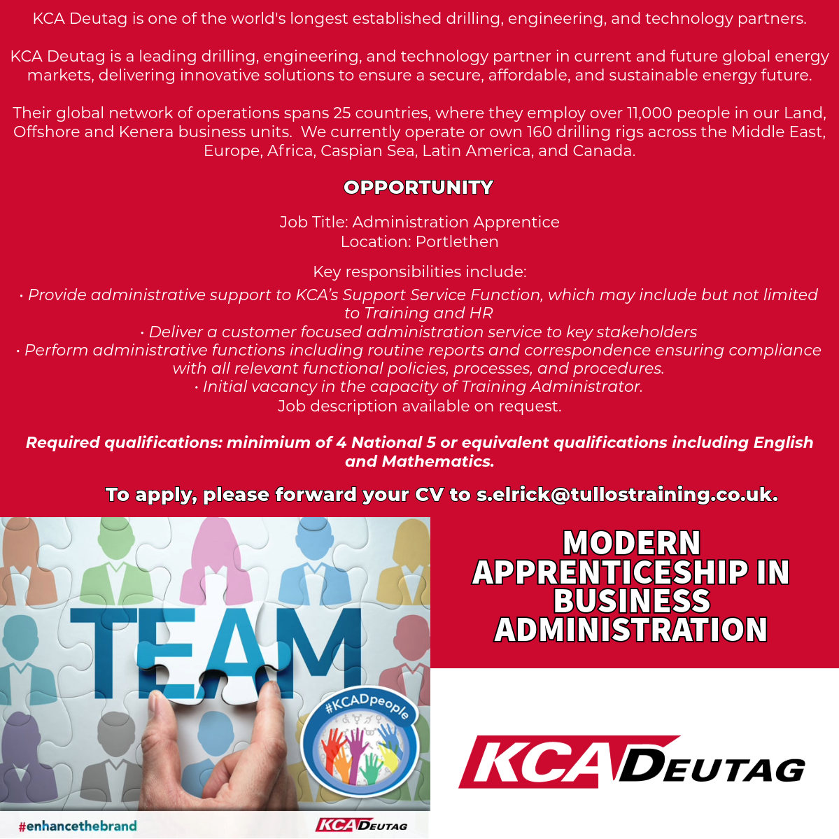 Image includes details of the 2024 Apprentice Training Administrator vacancy available at KCA Deutag