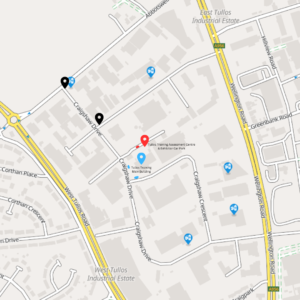 Map of West Tullos Industrial Estate showing entry points to Craigshaw Drive and Tullos Training's Main Building.