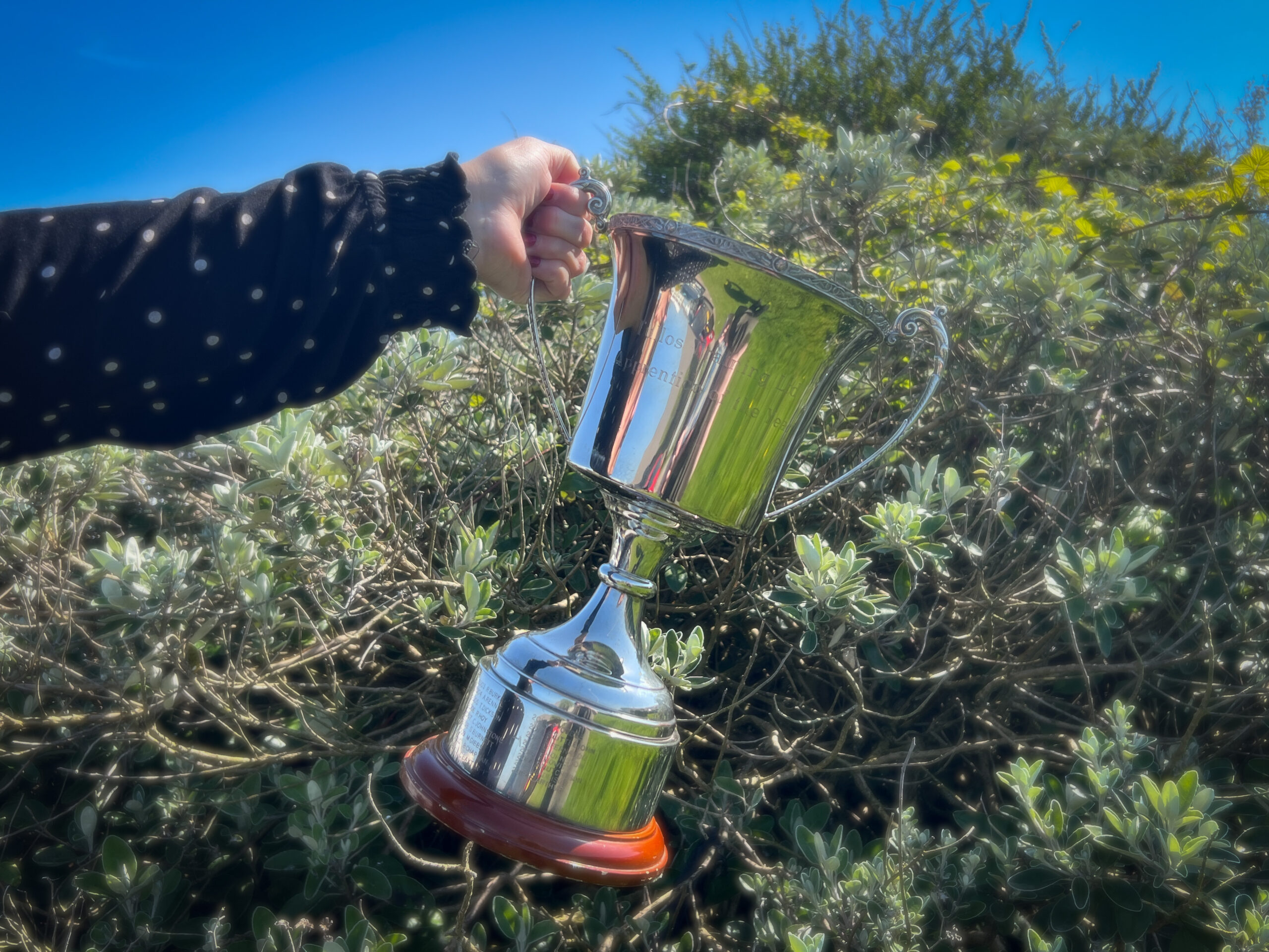 Image shows a hand holding Tullos Training's 'Apprentice of the Year' trophy in front of garden greenery.