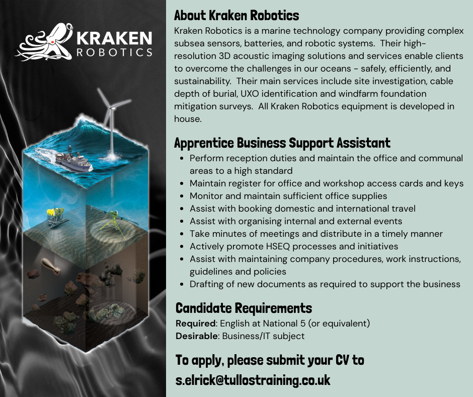 On the left half the image shows details of Kraken Robotics and their 2025 recruitment of an Apprentice Business Support Assistant including application details.  On the right the image shows Kraken's logo and a diagram of their production at each level of the ocean.
